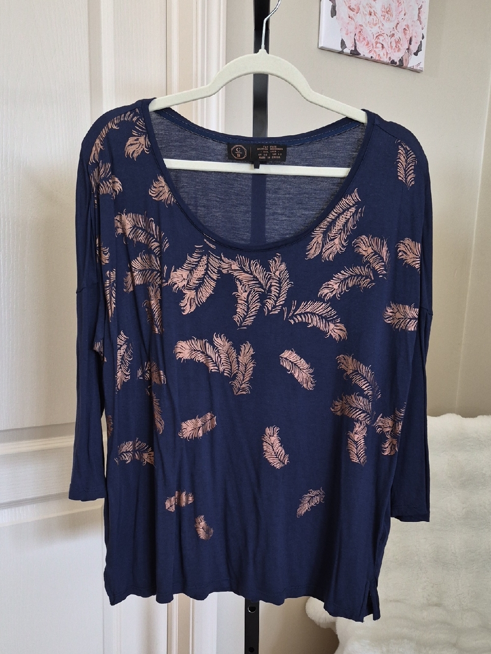 Fat Face Navy Long Sleeve Top with Rose Gold Feather Print Size 12